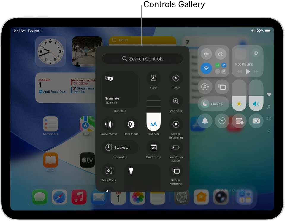 Control Center muutmisrežiimis, avatud on juhikute galerii, kus on kõik võimalikud juhikud.