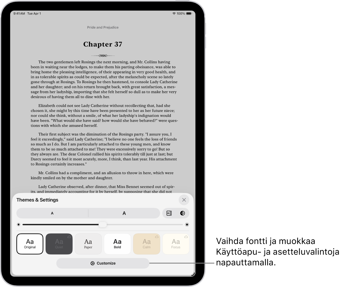 Kirjan sivu Kirjat-apissa. Teemat ja asetukset -valinnat, joissa on fonttikoon, vieritysnäkymän, sivunkäännön tyylin, kirkkauden ja fonttityylien säätimet.