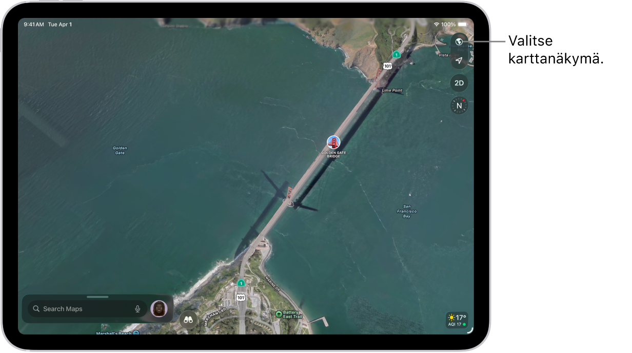 Kartta kadusta ja puistosta, näkyvissä on puita, kiinnostavia paikkoja ja sijainteja, kuten reittejä ja näköalapaikkoja.