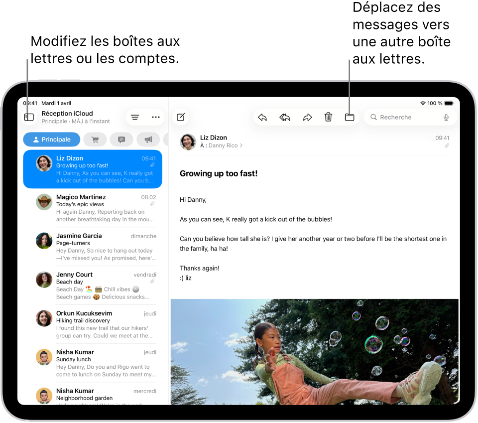 La boîte de réception de Mail avec la liste des e-mails sur la gauche et un e-mail ouvert sur la droite.