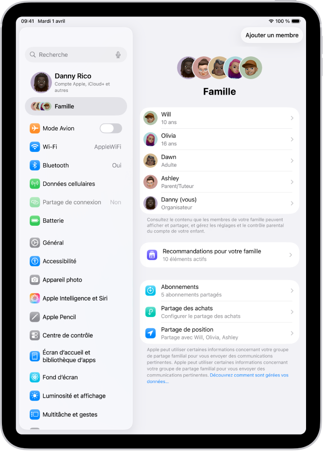Écran Famille dans Réglages. Jusqu’à cinq membres d’une famille sont répertoriés au-dessus des fonctionnalités partagées.