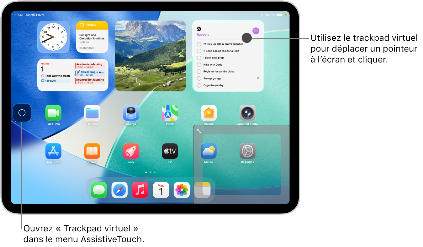 Un iPad doté d’un trackpad virtuel affiché dans le coin de l’écran. Le menu AssistiveTouch (que l’on utilise pour ouvrir le trackpad) et le pointeur (qui est contrôlé par le trackpad) sont également affichés à l’écran.