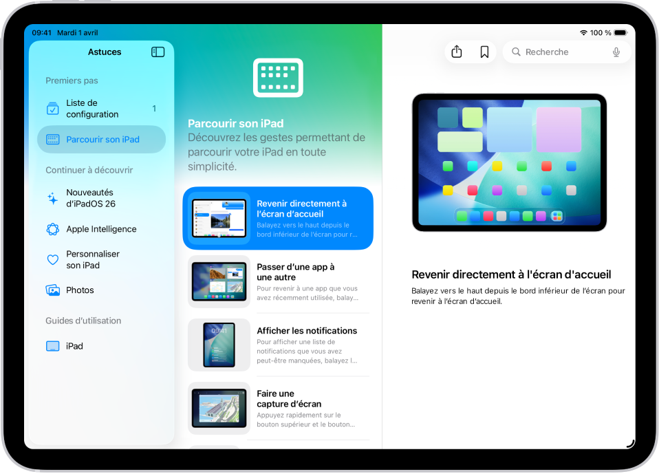 Un écran affichant une collection d’Astuces dans la barre latérale à gauche, et une astuce sélectionnée ouverte à droite.