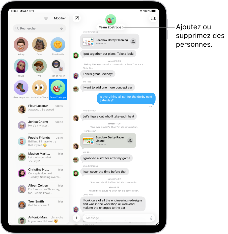 Une conversation de groupe dans Messages sur l’iPad. À gauche, une conversation épinglée est sélectionnée depuis une liste de conversations. À droite se trouve la transcription d’une conversation, avec des fichiers partagés.