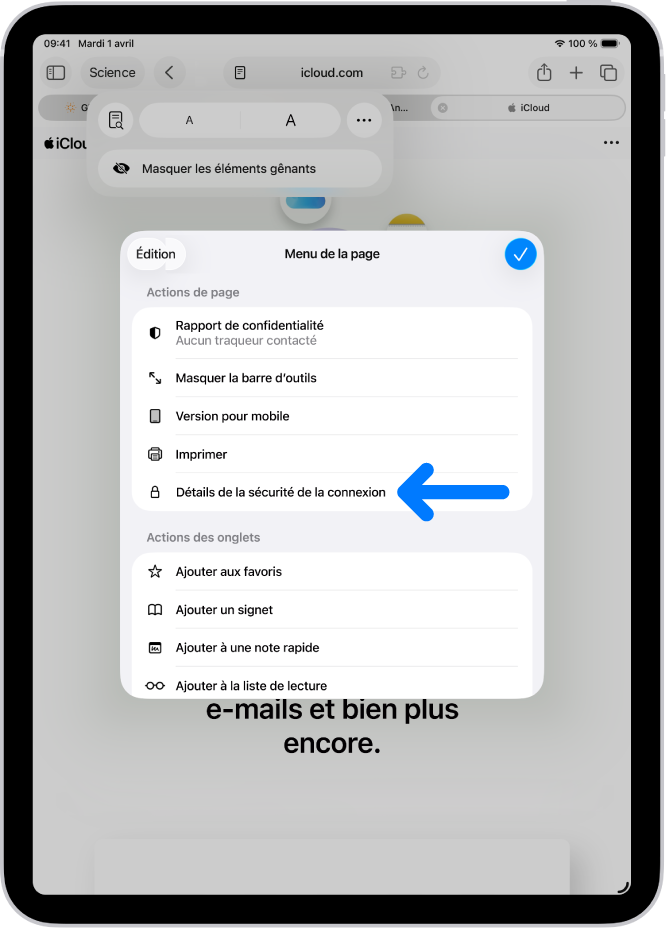 Le Menu de la page est ouvert dans Safari et la commande Détails de la sécurité de la connexion se trouve vers le centre de la page.