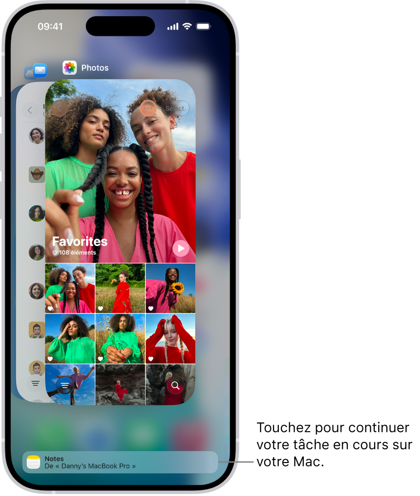 Le sélecteur d’app sur l’iPhone affichant une notification Handoff en bas de l’écran.