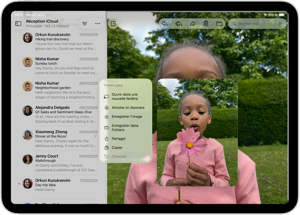 Une pièce jointe est sélectionnée avec la liste des actions possibles.