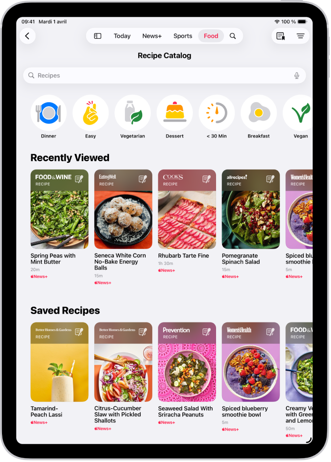 Le catalogue de recettes dans l’app Apple News+.