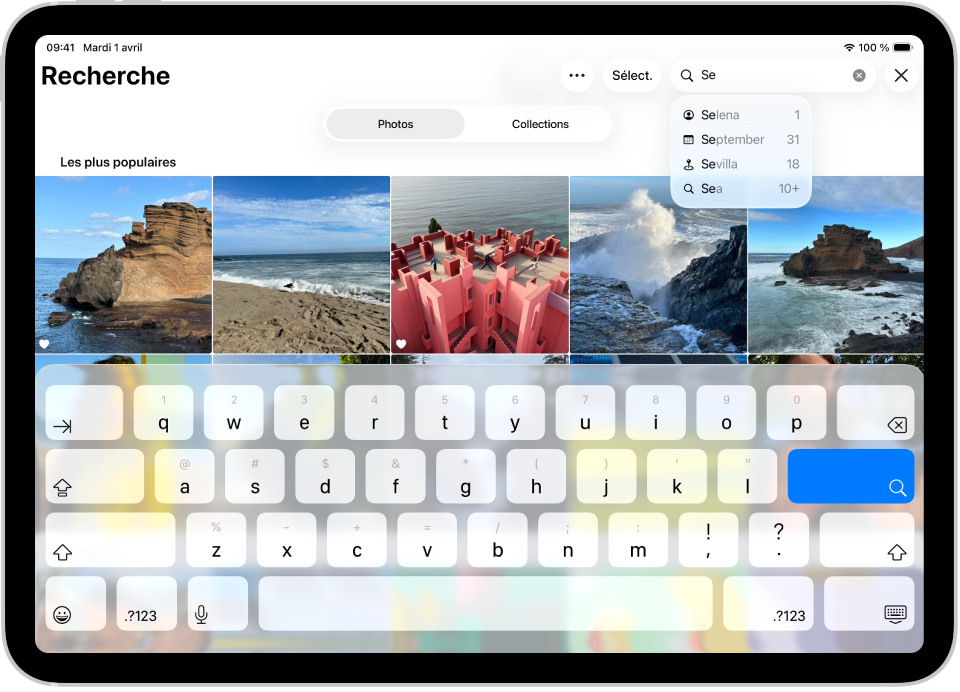 L’écran Rechercher de l’app Photos. En haut de l’écran se trouve le champ de recherche, avec les suggestions affichées en dessous.
