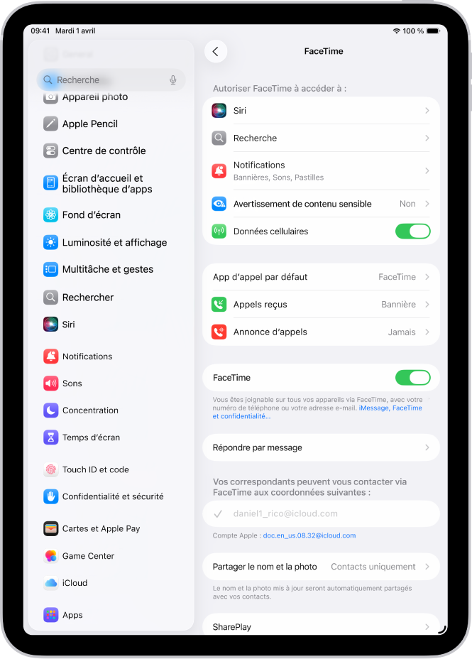 L’écran Réglages de FaceTime, avec la commande d’activation ou de désactivation de FaceTime ainsi que le numéro de téléphone et l’adresse e-mail sur lesquels on peut vous joindre.