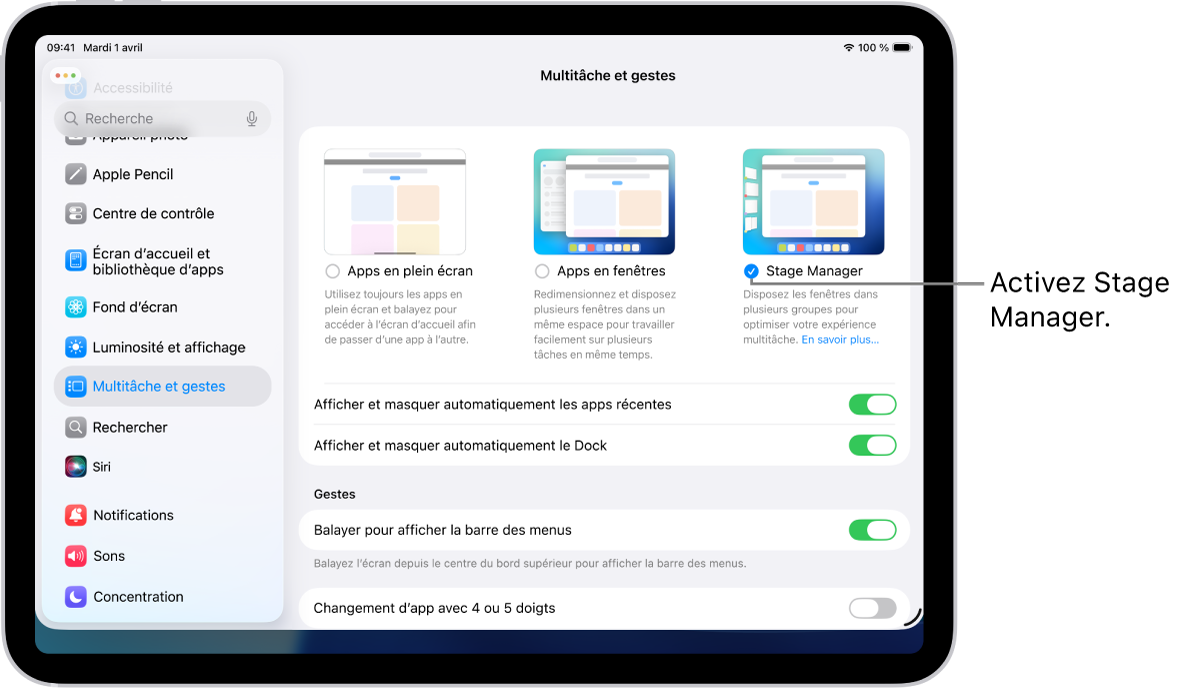 L’app Réglages de l’iPad, avec les options « Multitâche et gestes » que vous pouvez choisir pour utiliser plusieurs apps.