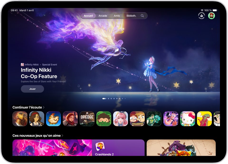 L’app Apple Games affichant l’onglet Accueil, qui présente un évènement spécial, des jeux auxquels continuer à jouer et de nouvelles sorties.