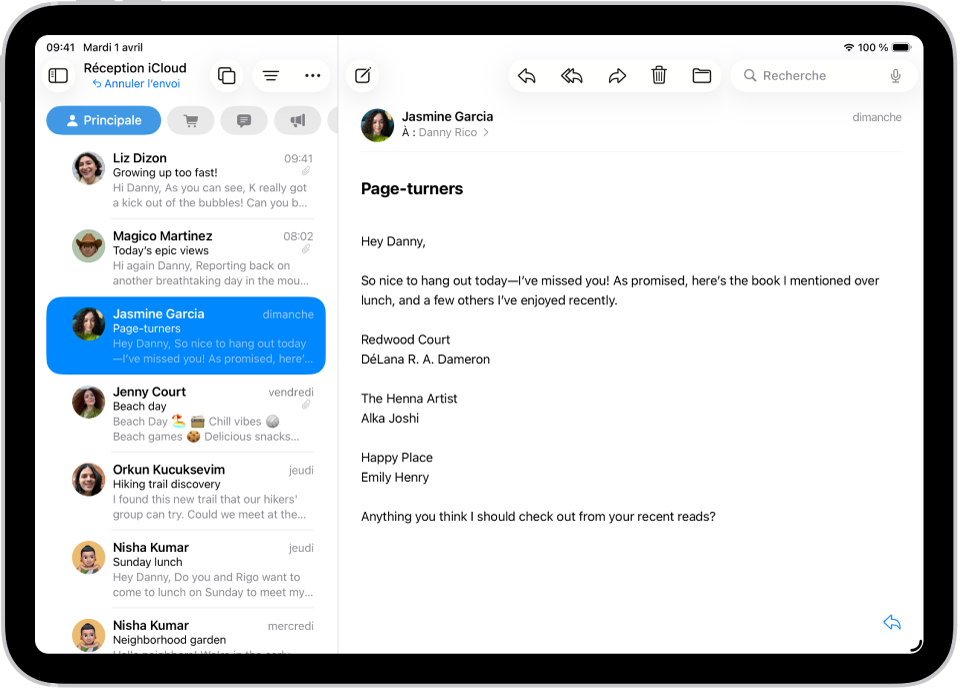 La boîte de réception de Mail avec la liste des messages sur la gauche et un message ouvert sur la droite. Le bouton « Annuler l’envoi » (permettant de retirer un message envoyé récemment) se trouve en bas de la liste des messages.