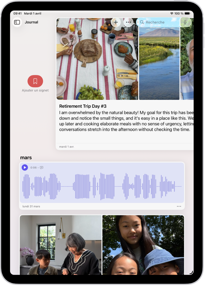 Un écran de l’app Journal affichant des entrées du journal. L’utilisateur balaie une entrée vers la droite et cela affiche le bouton Signet.