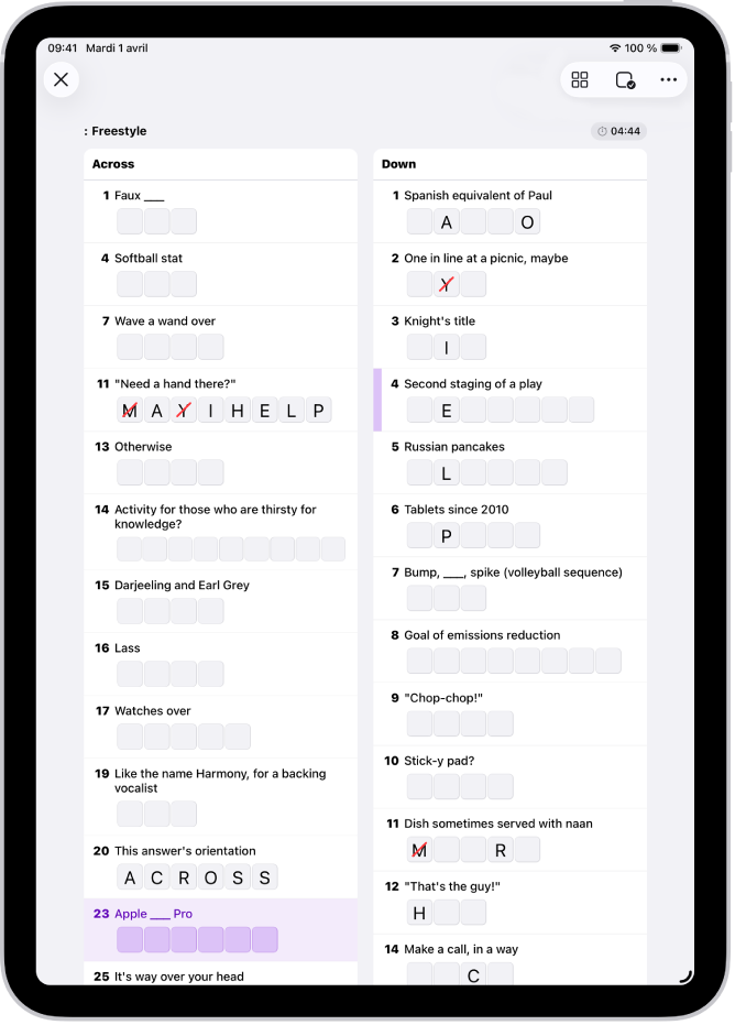 Une grille de mots croisés partiellement remplie sous forme de liste.