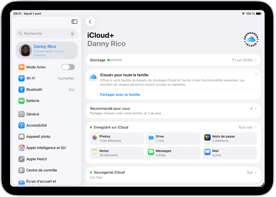 Écran des réglages iCloud montrant l’indicateur d’espace de stockage et une liste de fonctionnalités pouvant être utilisées avec iCloud, notamment Photos, iCloud Drive et Sauvegarde iCloud.