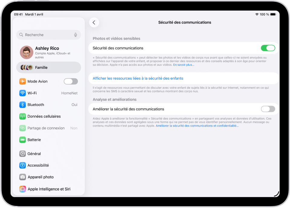 L’écran « Sécurité des communications » pour un enfant d’une famille, avec l’option « Sécurité des communications » activée.