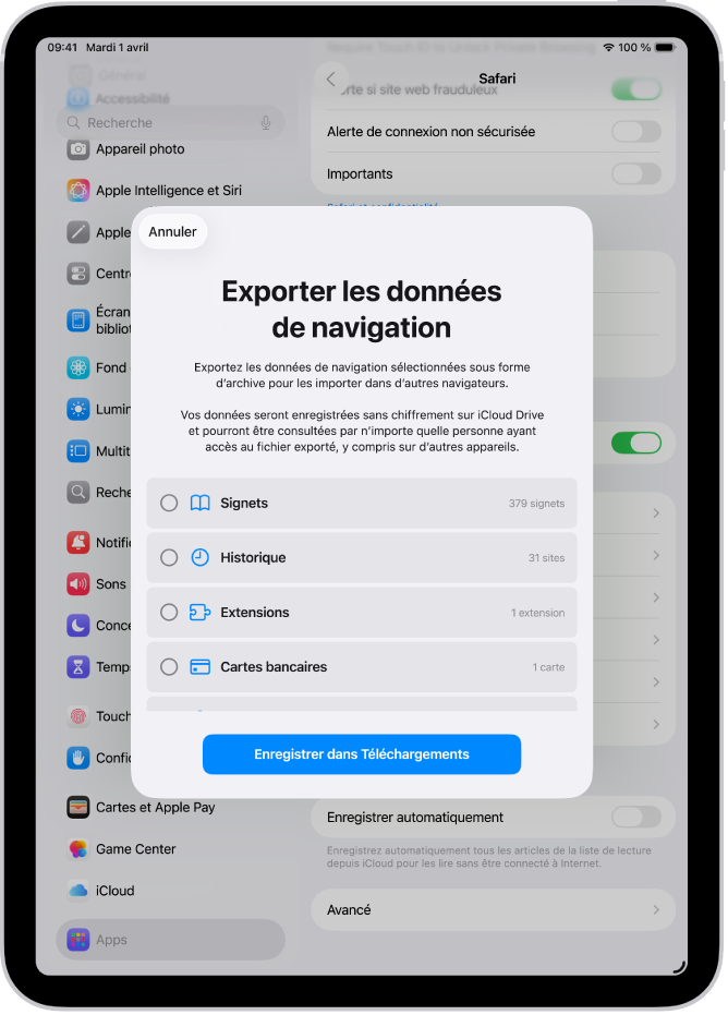 Écran Exporter les données de navigation avec l’option Mots de passe sélectionnée pour l’exportation dans un autre gestionnaire de mots de passe.