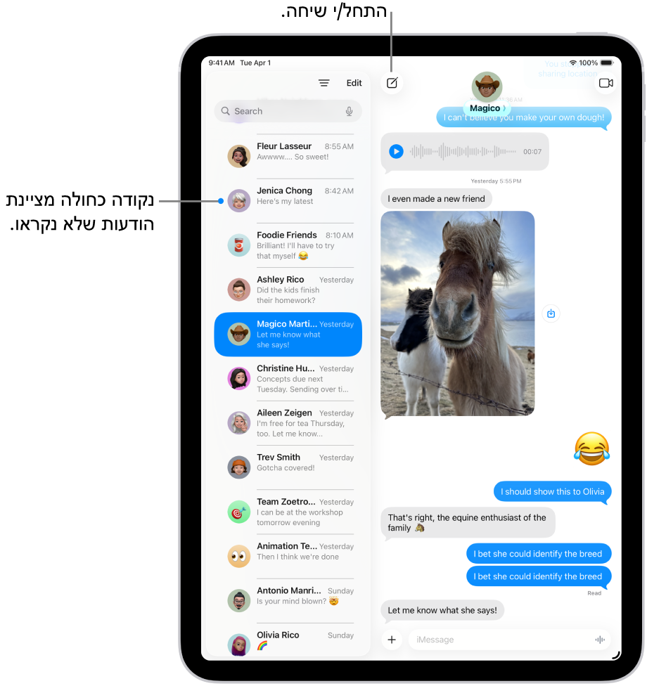 רשימת שיחות ב״הודעות״ מימין, ותמלול של שיחה משמאל. הודעה שלא נקראה מסומנת באמצעות נקודה כחולה.