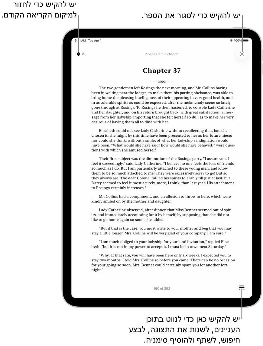 עמוד מתוך ספר בתוך היישום ״ספרים״. בראש המסך מופיעים הכפתורים לחזרה אל העמוד שבו התחלת בקריאה ולסגירת הספר. בפינה השמאלית התחתונה של המסך מופיע הכפתור ״תפריט״.