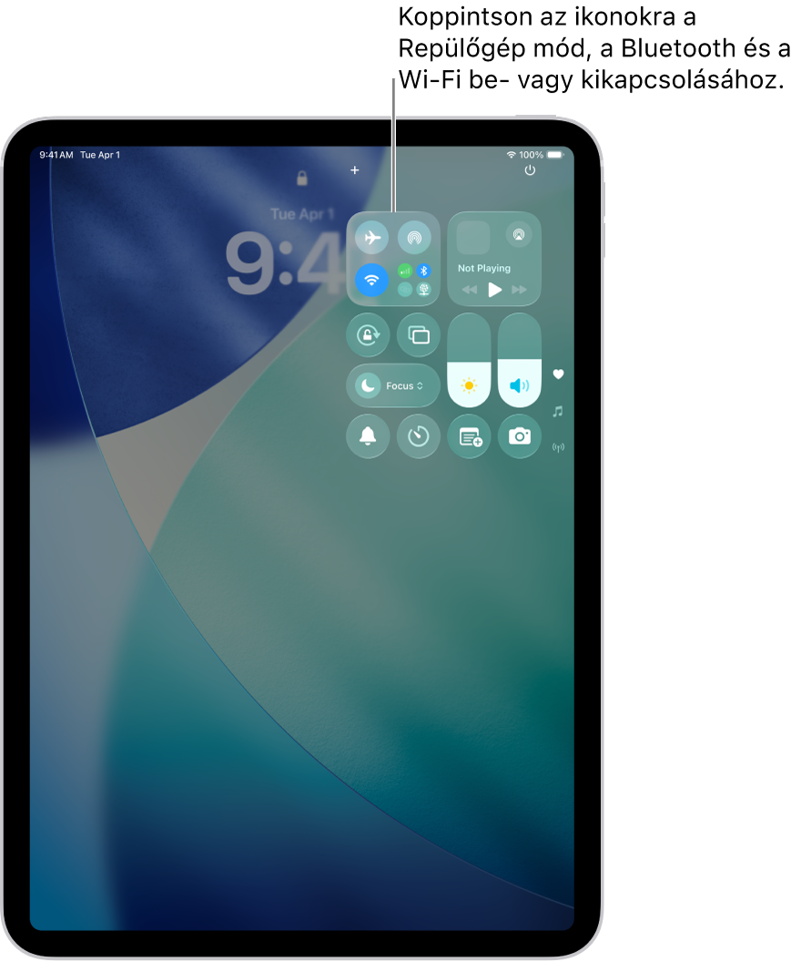A Vezérlőközpont képernyője, amelyen az látható, hogy a bal felső gombra való koppintáskor a Repülőgép mód bekapcsol.