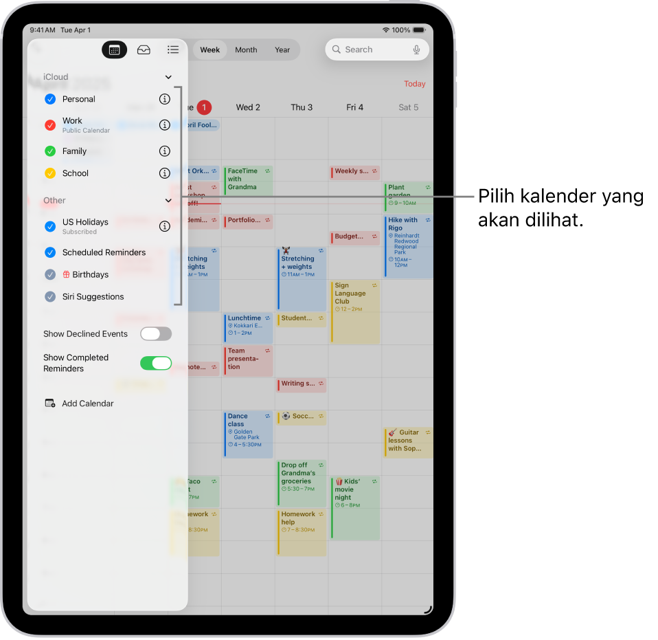 Daftar Kalender, dengan tanda centang yang menunjukkan kalender mana yang aktif. Tombol Selesai untuk menutup daftar berada di pojok kanan atas. Tombol Tambah Kalender ada di pojok kiri bawah.