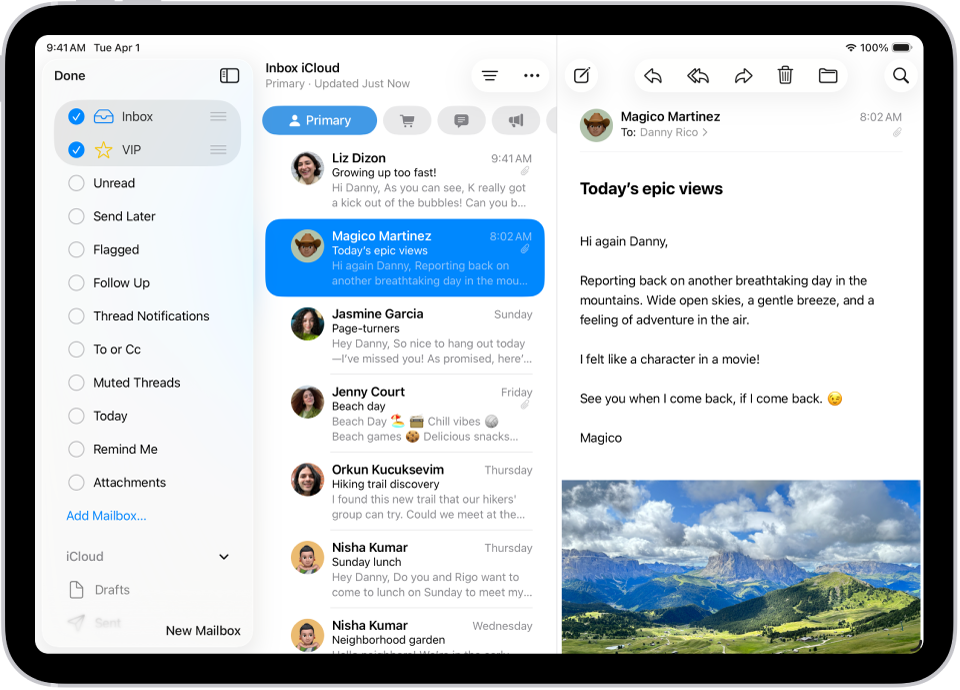Layar pengeditan Kotak Mail. Kotak Mail opsional tercantum dari atas ke bawah dengan kotak centang di sebelah kiri setiap pilihan. Di pojok kanan bawah layar terdapat tombol berlabel Kotak Mail Baru.