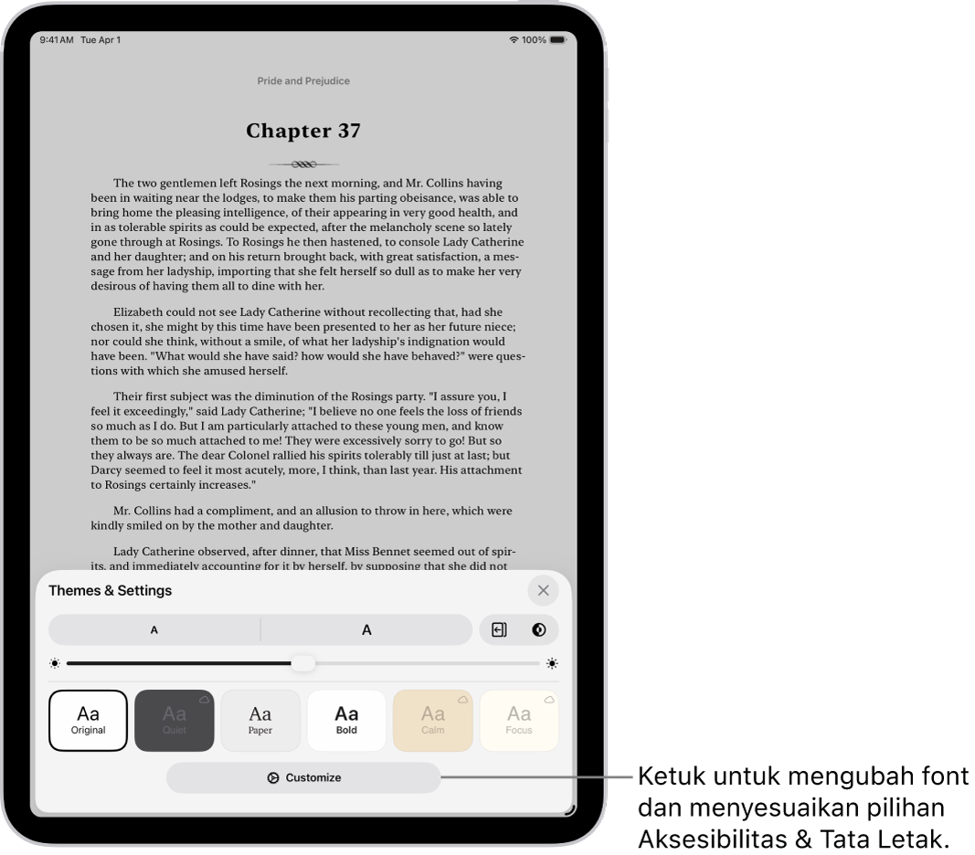 Halaman buku di app Buku. Pilihan Tema & Pengaturan menampilkan kontrol untuk ukuran font, tampilan pengguliran, gaya membalik halaman, kecerahan, dan gaya font.