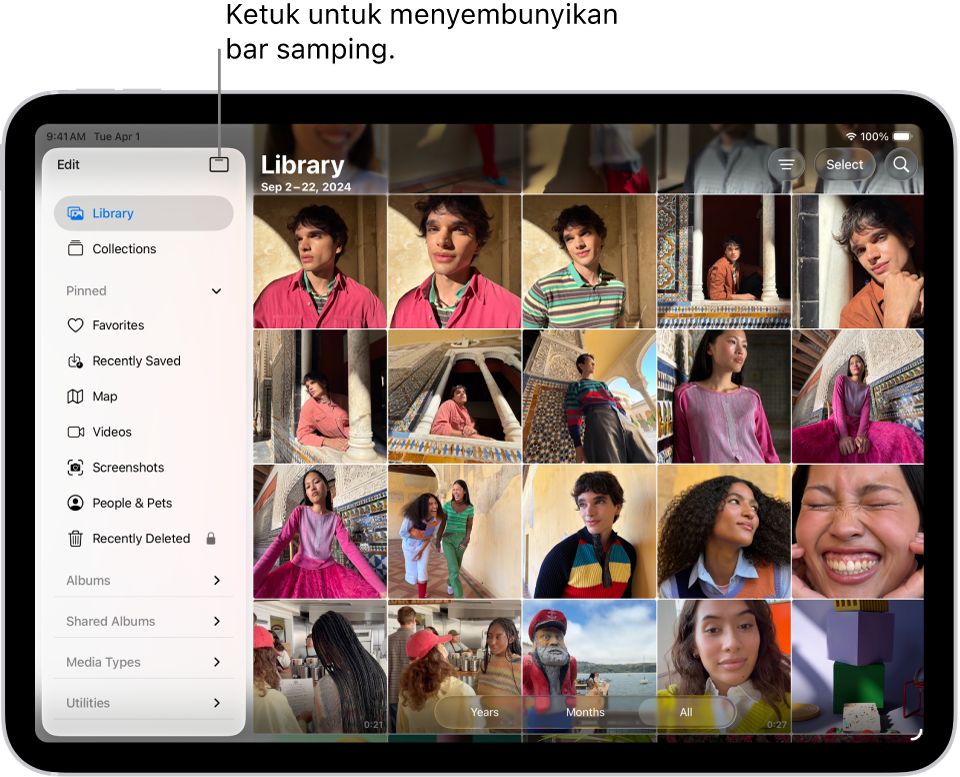 App Foto dibuka dan tab Perpustakaan dipilih di bar samping.