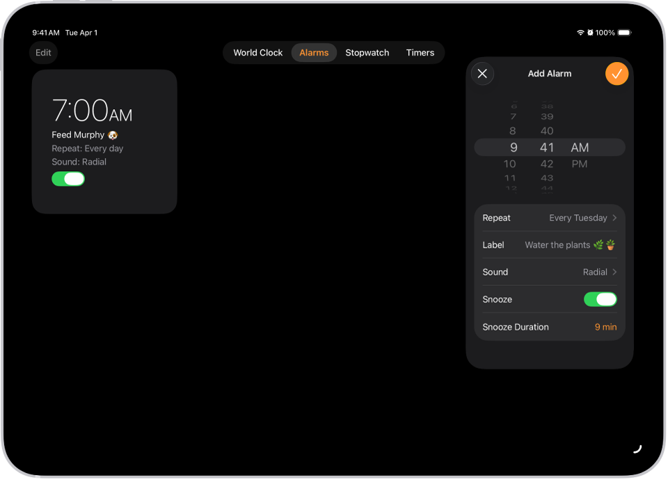 Tab Alarm di app Jam, dengan pengaturan untuk mengubah waktu alarm, memilih apakah alarm diulang, menambahkan label alarm, memilih bunyi alarm, menyalakan tunda, dan mengubah durasi penundaan.