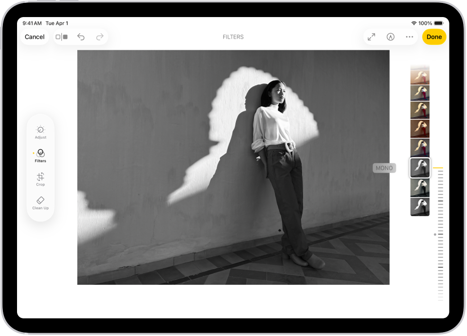 Layar Edit di app Foto dengan foto di pusat. Di sisi kiri layar terdapat tombol Sesuaikan, Filter, dan Potong; Filter dipilih. Di sisi kanan layar terdapat pilihan filter dan penggeser untuk menyesuaikan level efek filter.