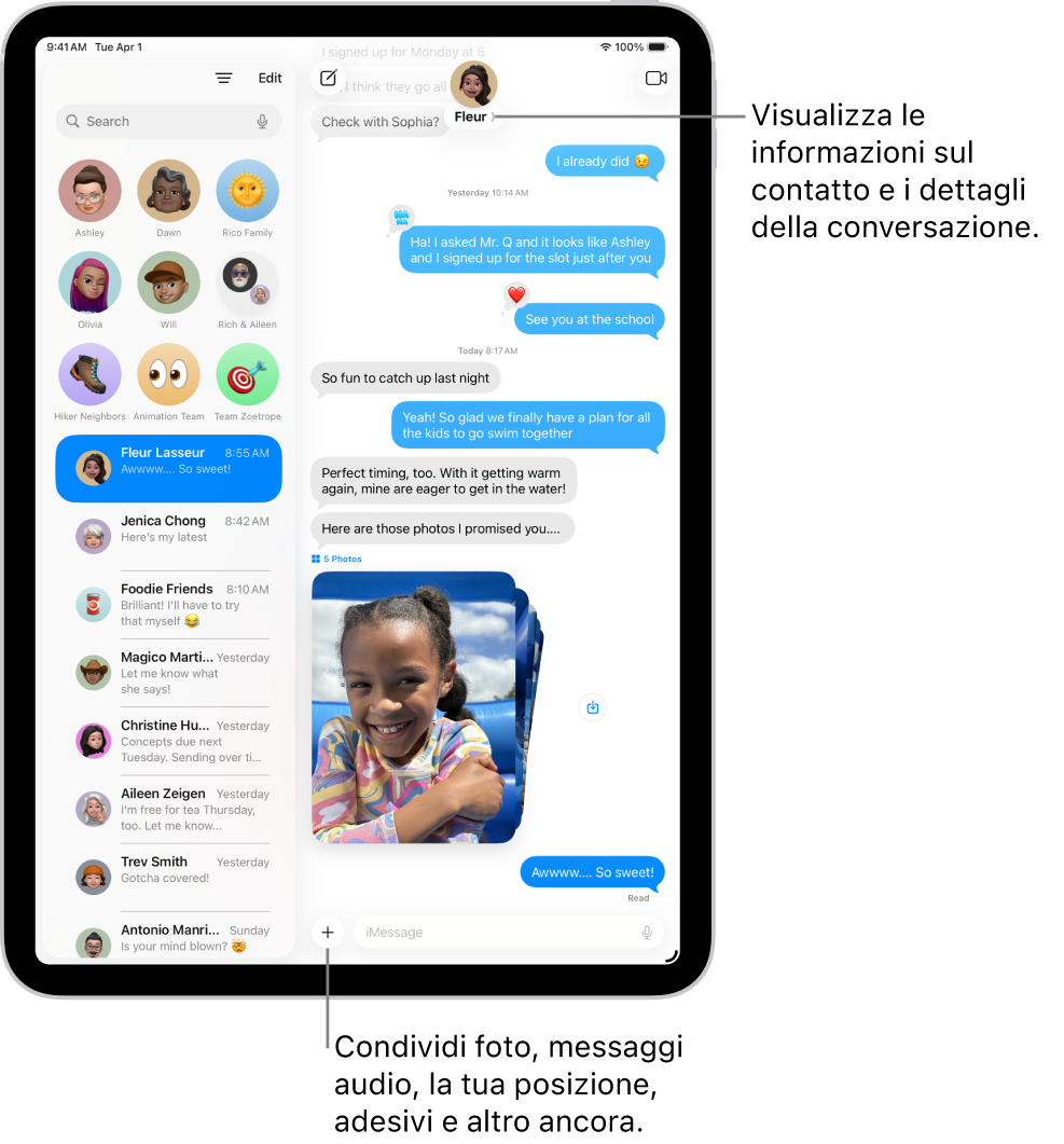 Una conversazione di Messaggi sulla sinistra con a destra la relativa trascrizione. In alto, toccando l’icona del contatto, vengono visualizzati i dettagli della conversazione.