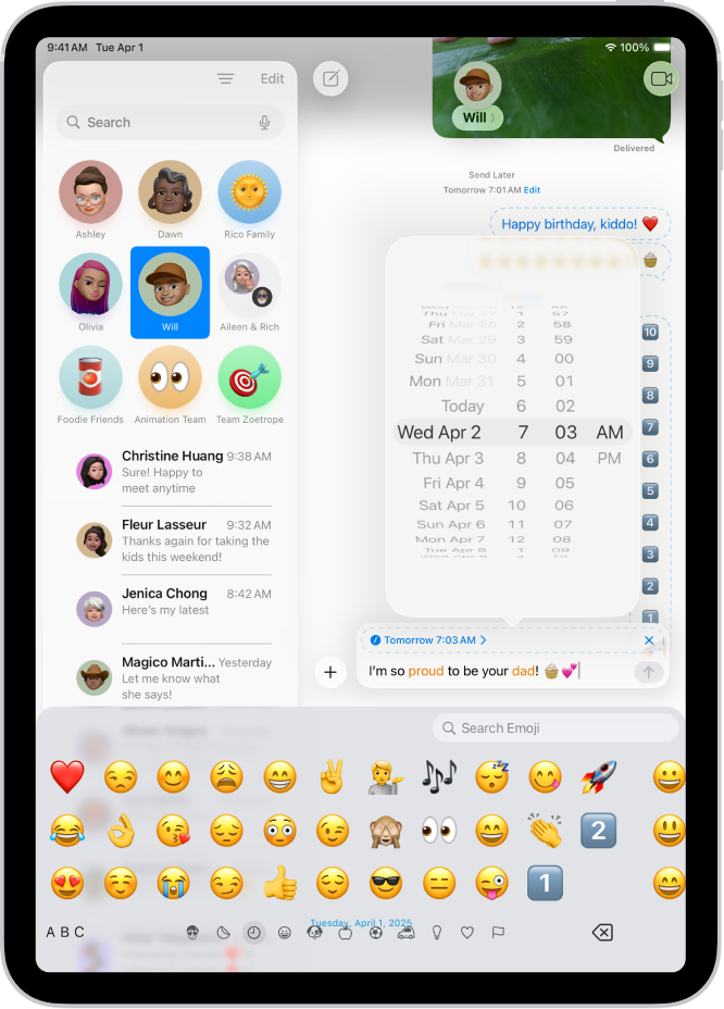 Una conversazione di Messaggi con un messaggio programmato per essere inviato più tardi.