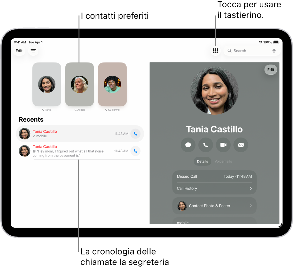 L’app Telefono, con i contatti preferiti sul lato sinistro dello schermo. Sotto Preferiti è visualizzato un elenco delle chiamate recenti e la segreteria. Le informazioni di contatto sono visualizzate nella parte destra dello schermo, con il tastierino nell’angolo in alto a destra.