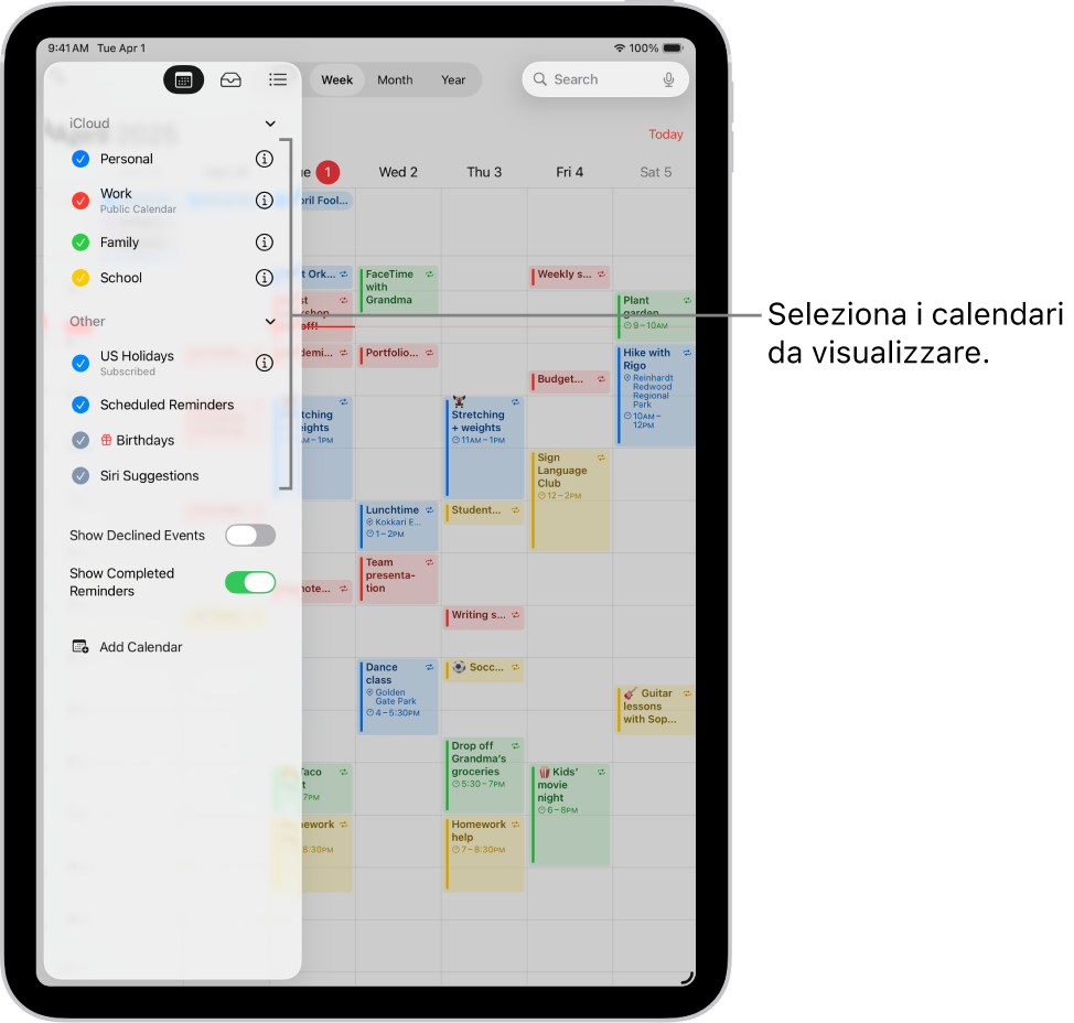 I segni di spunta nell’elenco dei calendari indicano quelli attivi. Il pulsante Fine per chiudere l’elenco è nell’angolo in alto a destra. Il pulsante “Aggiungi calendario” appare nell’angolo in basso a sinistra.