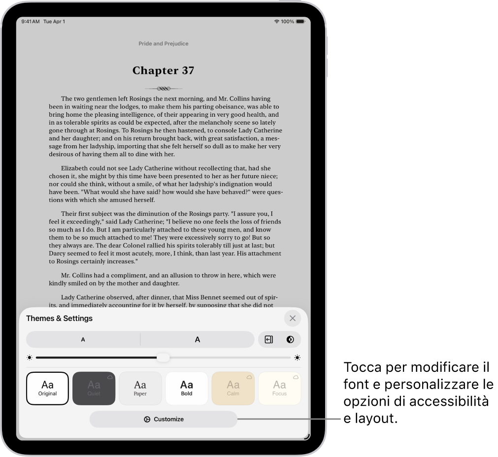 La pagina di un libro nell’app Libri. Le opzioni “Temi e impostazioni” mostrano i controlli per le dimensioni del font, la vista a scorrimento, lo stile del giro pagina, la luminosità e gli stili per il font.