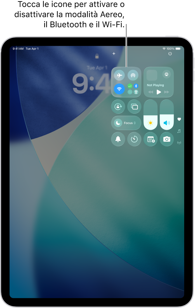 La schermata di Centro di Controllo con una didascalia che spiega che toccando il pulsante in alto sinistra si attiva la modalità Aereo.