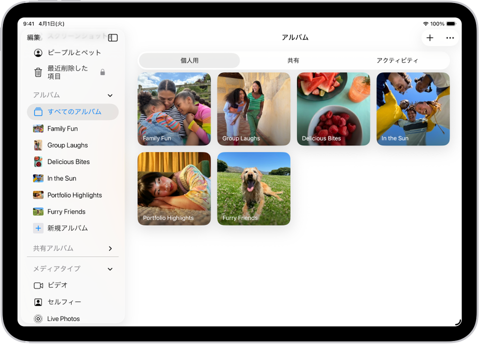写真アプリで「アルバム」が開いています。「個人用」が選択されています。iPad画面の残りの部分には、アルバムのサムネールがグリッドで表示されています。
