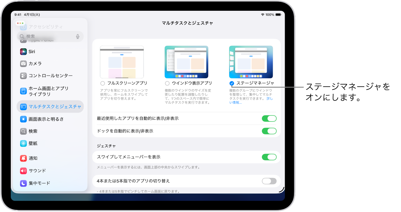 iPadの設定アプリ。複数のアプリで作業する場合に選択できる「マルチタスクとジェスチャ」のオプションが表示されています。