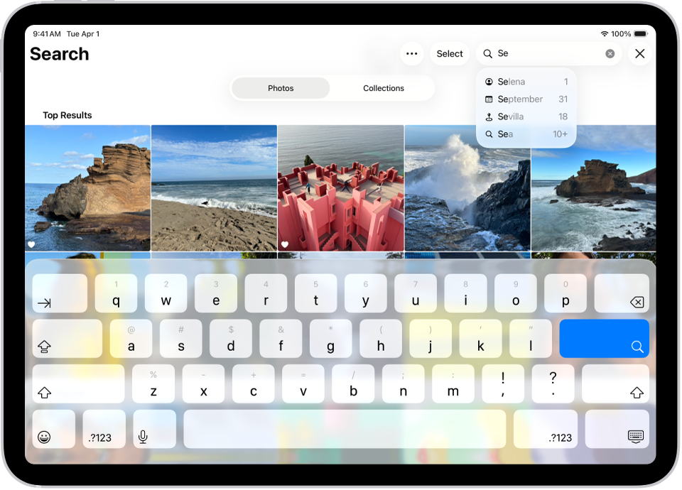 «Фотолар» қолданбасындағы «Іздеу» экраны. Экранның жоғарғы жағындағы — іздеу өрісі, ал оның төменіндегілер — ұсыныстар.