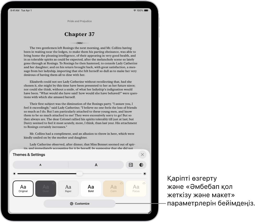 «Кітаптар» қолданбасындағы кітаптың беті. «Тақырыптар мен реттеулер» опциялары қаріп өлшемін, айналдыру көрінісін, бетті парақтау стилін, ашықтықты және қаріп мәнерлері басқару элементтерін көрсетеді.