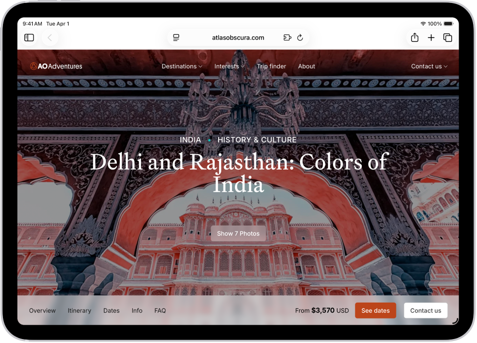 Ашық веб-бет. Жоғарыда солдан оңға қарай — «Бүйірлік тақта» түймесі, «Алдыңғы» түймесі, іздеу өрісі, «Бөлісу» түймесі, «Жаңа қойынды» түймесі және «Қойындыны шолу» түймесі.