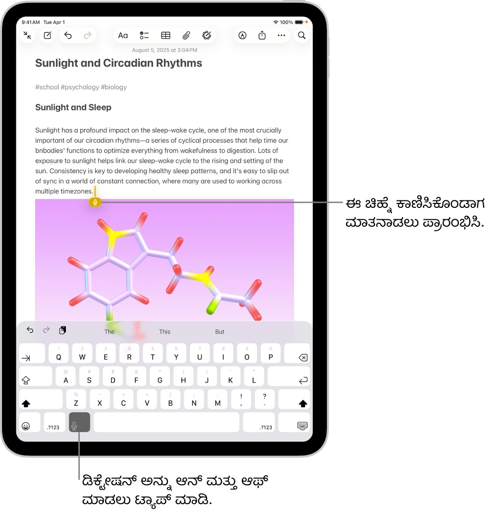 ಆನ್ಸ್ಕ್ರೀನ್ ಕೀಬೋರ್ಡ್ ಟಿಪ್ಪಣಿ ಆ್ಯಪ್ನಲ್ಲಿ ತೆರೆದಿದೆ. ಕೀಬೋರ್ಡ್ನ ಕೆಳಭಾಗದಲ್ಲಿರುವ ಡಿಕ್ಟೇಷನ್ ಬಟನ್ ಅನ್ನು ಆಯ್ಕೆಮಾಡಲಾಗಿದ್ದು, ಪಠ್ಯದ ಕ್ಷೇತ್ರದಲ್ಲಿ ಇನ್ಸರ್ಶನ್ ಪಾಯಿಂಟ್ನ ಕೆಳಗೆ ಡಿಕ್ಟೇಷನ್ ಬಟನ್ ಕಾಣಿಸಿಕೊಳ್ಳುತ್ತದೆ.