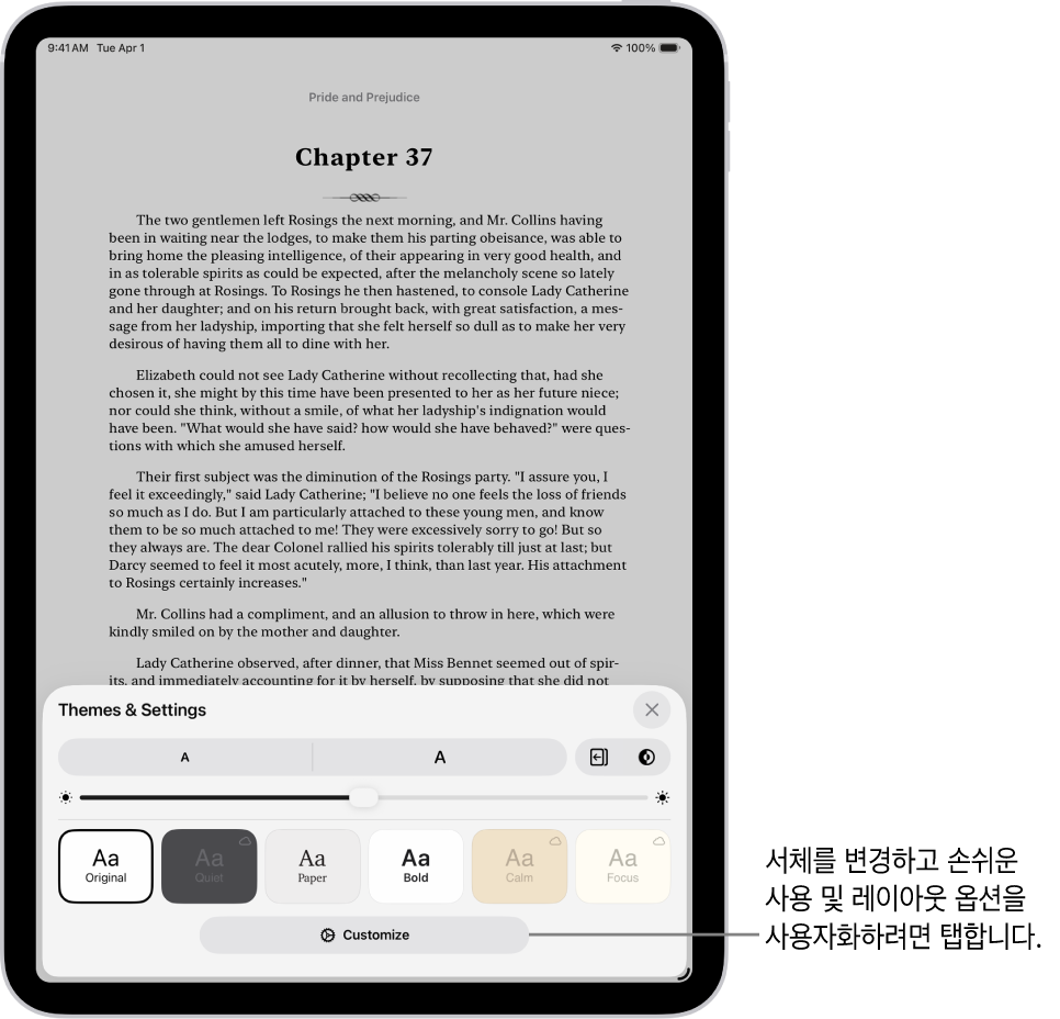 책의 페이지가 표시되어 있는 도서 앱. 테마 및 설정 옵션이 서체 크기, 스크롤 보기, 페이지 넘기기 스타일, 밝기 및 서체 스타일의 제어기를 표시함.