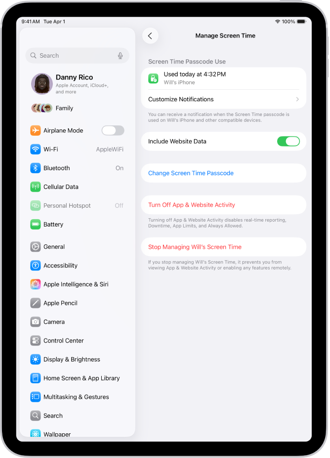 가족 구성원인 자녀의 스크린 타임 관리 화면에 암호가 마지막으로 사용된 시간 및 기기가 표시됨.