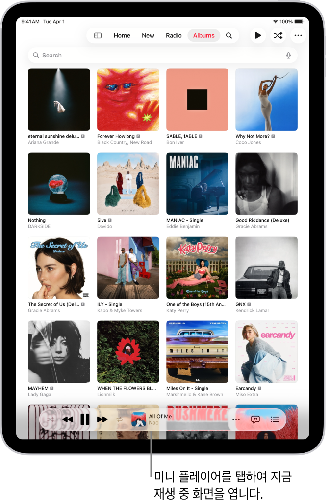 하단 근처에 미니 플레이어가 표시된 앨범 탭. 미니 플레이어는 재생 중인 노래 제목을 표시함.