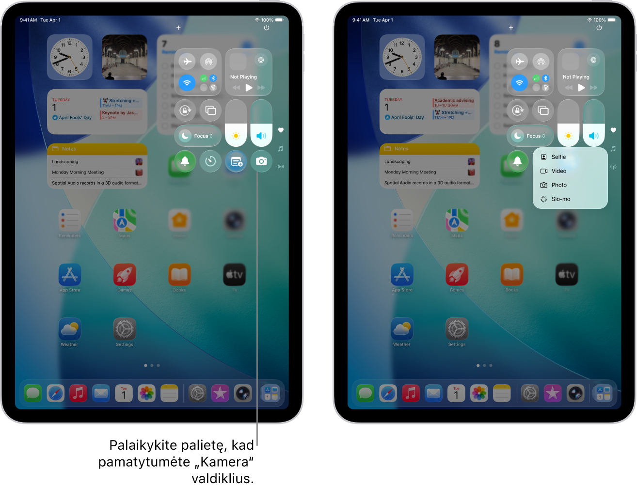 „iPad“ skiltis „Valdymo centras“. Skrydžio režimo, mobiliojo ryšio duomenų, „Wi-Fi“ ir „Bluetooth“ valdikliai yra „Wi-Fi + Cellular“ „iPad“ modelių „Valdymo centro“ viršutinėje kairėje grupėje. „Vaizdo kameros“ valdiklis pateiktas „Valdymo centro“ apačioje dešinėje. Ekrane dešinėje rodomas sparčiojo meniu parinkčių sąrašas, kuris atsiranda, kai paliečiate ir palaikote fotoaparato valdiklį.
