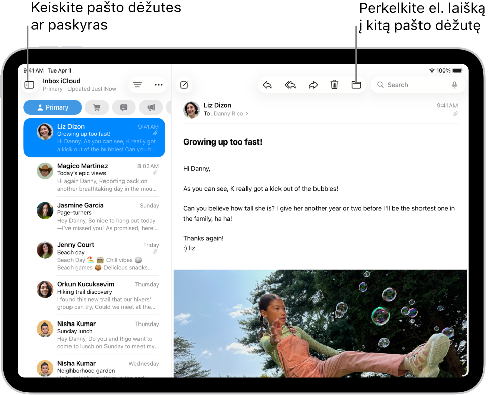 „Mail“ gautųjų laiškų aplankas su el. laiškų sąrašu kairėje, o dešinėje atidarytas el. laiškas.