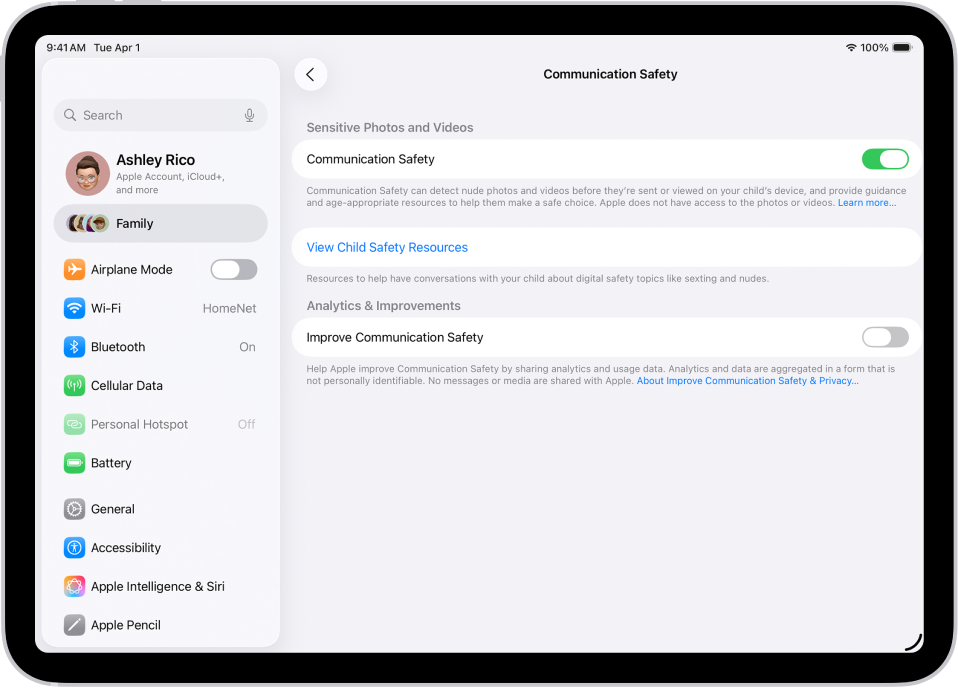 Ekrāns Settings ar ieslēgtu funkciju Communication Safety Setting.