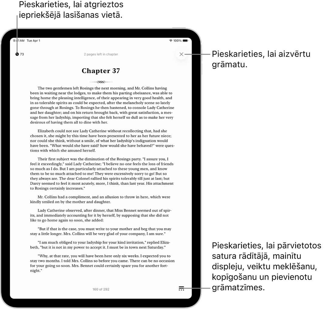 Grāmatas lappuses lietotnē Books. Ekrāna augšdaļā ir pogas, lai atgrieztos lappusē, kurā sākāt lasīšanu, kā arī pogas grāmatas aizvēršanai. Ekrāna apakšējā labajā stūrī ir poga Menu.